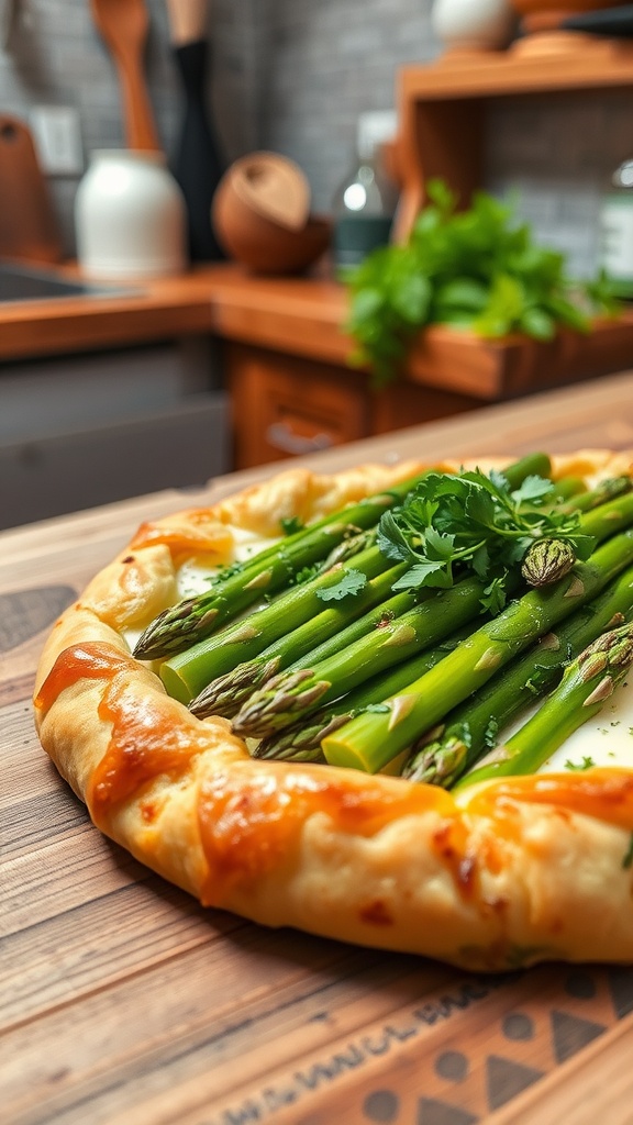 Savory asparagus tart with cheese on a wooden table, garnished with herbs.